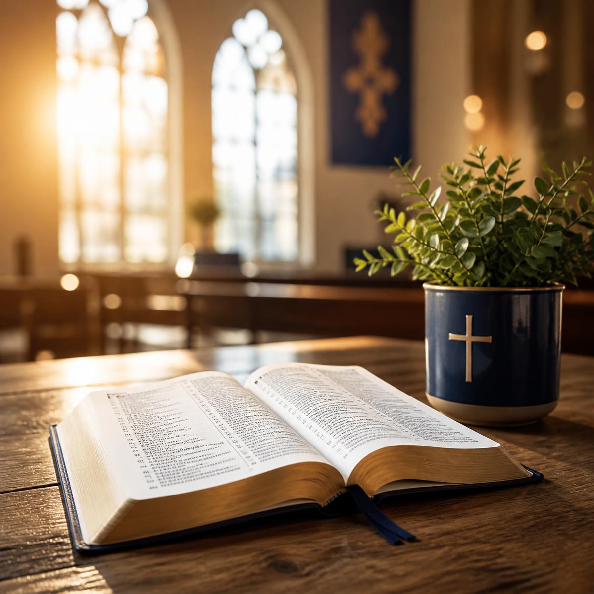 Bíblia aberta sobre a mesa em ambiente de igreja